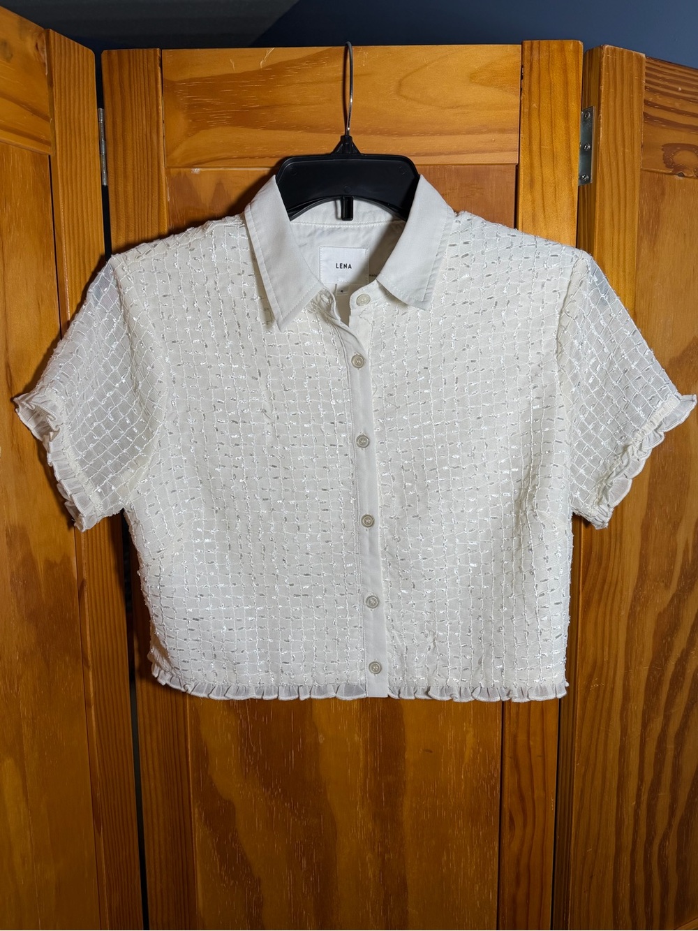 Lena White Short-Sleeve Textured Button-Front Cropped Shirt